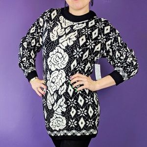 Vintage 80s Floral Rose Chunky Sweater Dress